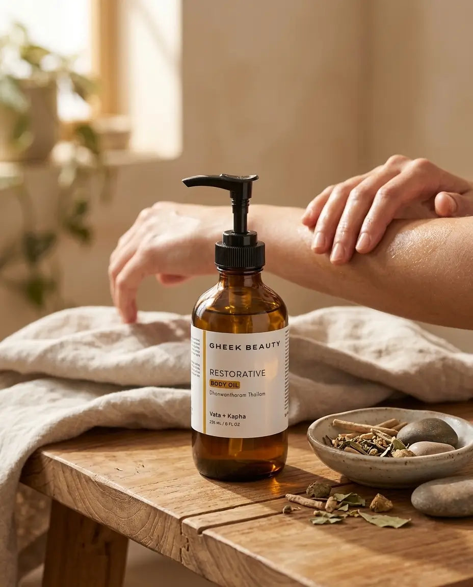 An amber glass pump bottle of Cheek Beauty Restorative Body Oil sits on a wooden table beside a person's arm receiving a massage, with a neutral beige background and spa props including a towel and a small dish of herbs.