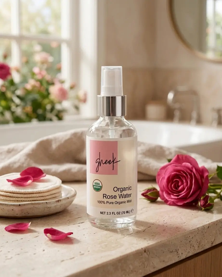 A spray bottle of Organic Rose Water on a bathroom counter