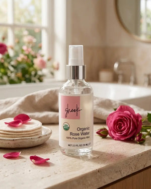 A spray bottle of Organic Rose Water on a bathroom counter