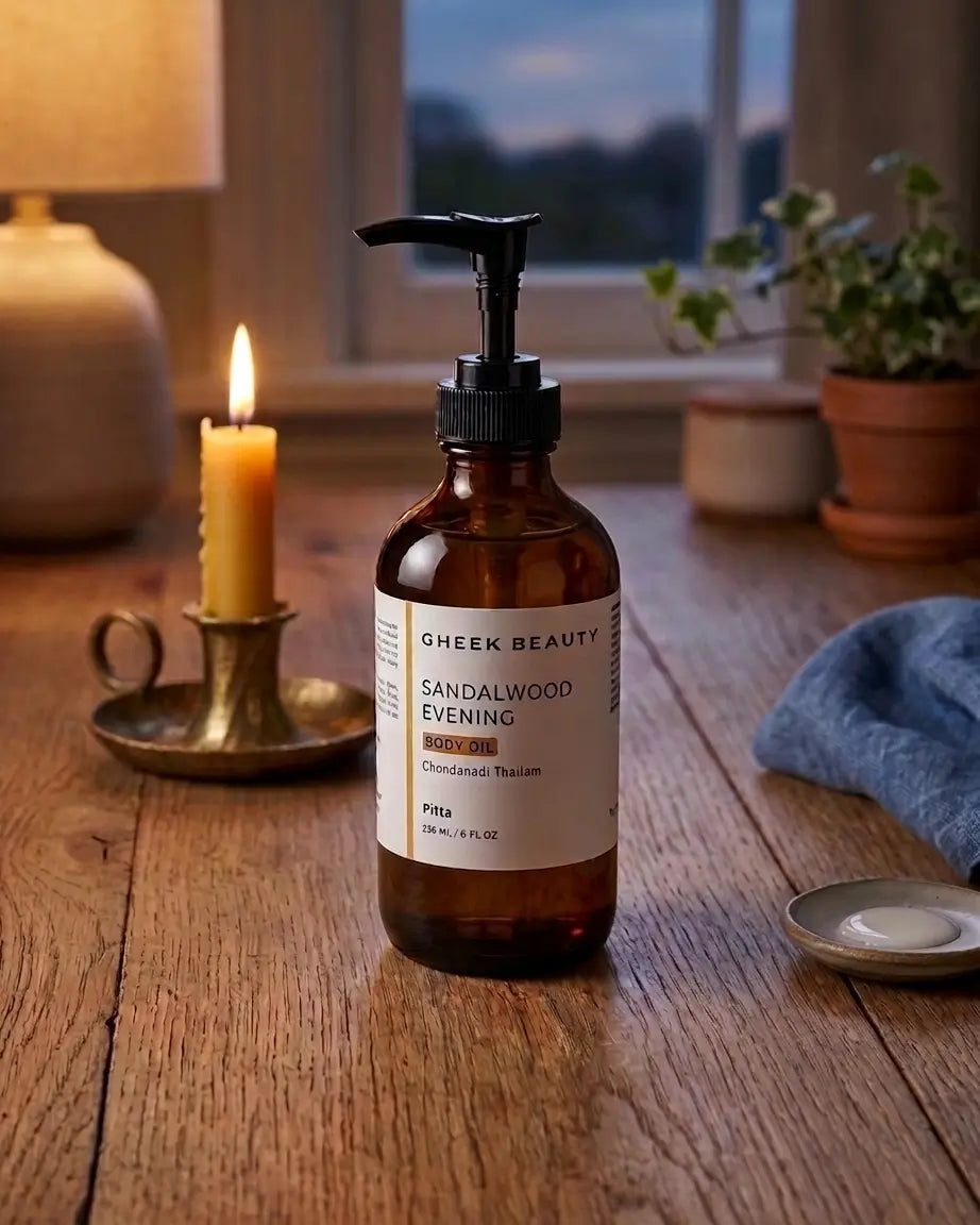 An amber pump bottle of Sandalwood Evening Body Oil from Gheek Beauty on a wooden table in the evening light next to a lit candle and warm lamp.