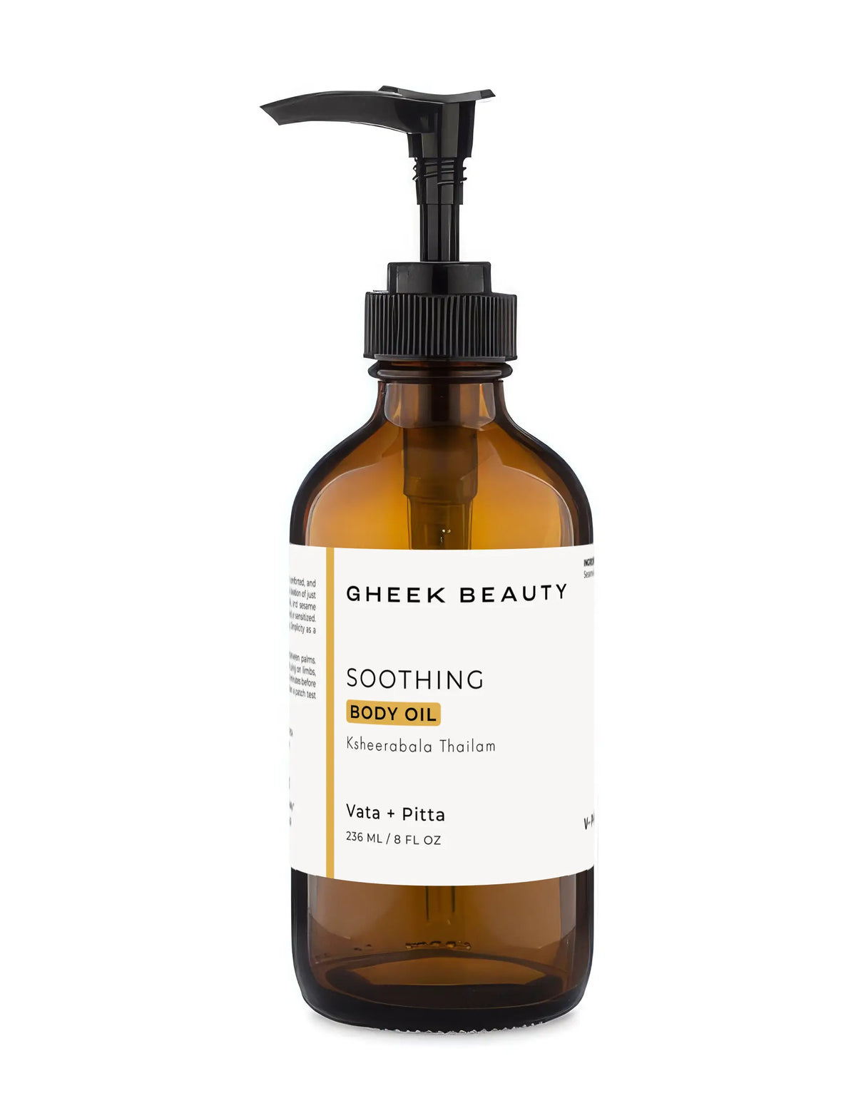 Gheek Beauty Soothing Body Oil in an amber glass pump bottle with a black dispenser and a white label, set against a plain white background.