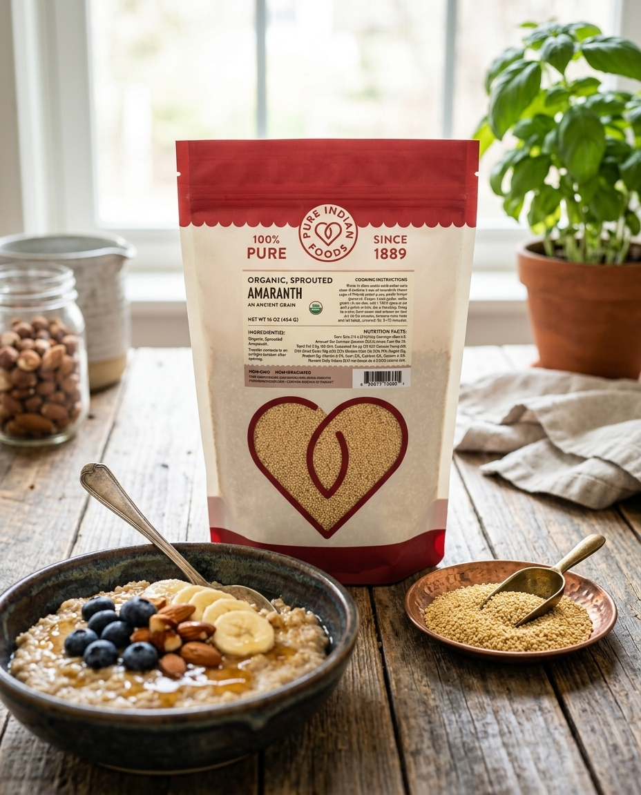 A stand-up pouch of Pure Indian Foods Sprouted Amaranth. It is displayed on a rustic wooden table next to a bowl of prepared amaranth porridge and a small dish of loose amaranth seeds. The background features a window, a potted basil plant, and a jar of almonds.