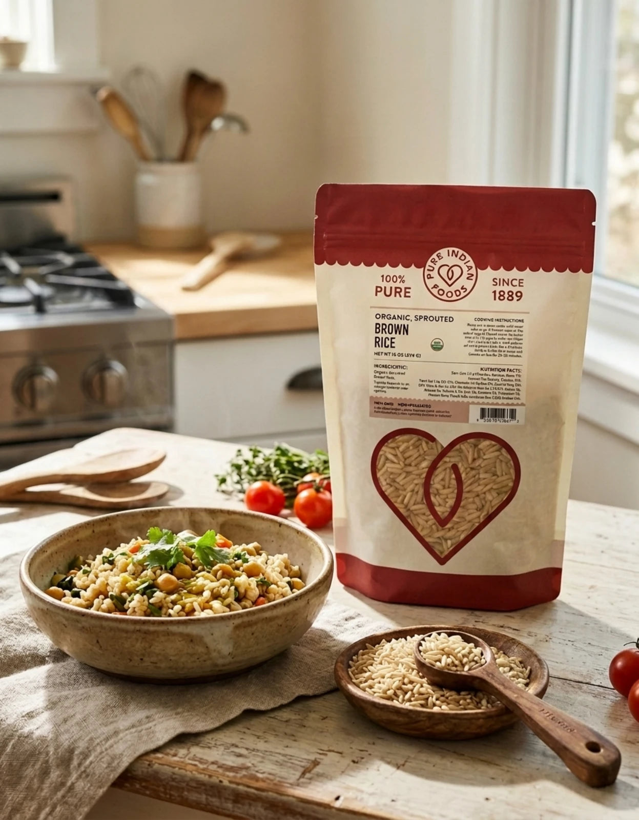 A bag of Organic Sprouted Brown Rice on a wooden table top next to a bowl of cooked rice and chickpeas