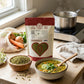 A bag of Organic Sprouted Mung Beans next to a bowl of the raw beans and another bowl of cooked soup made with the beans.
