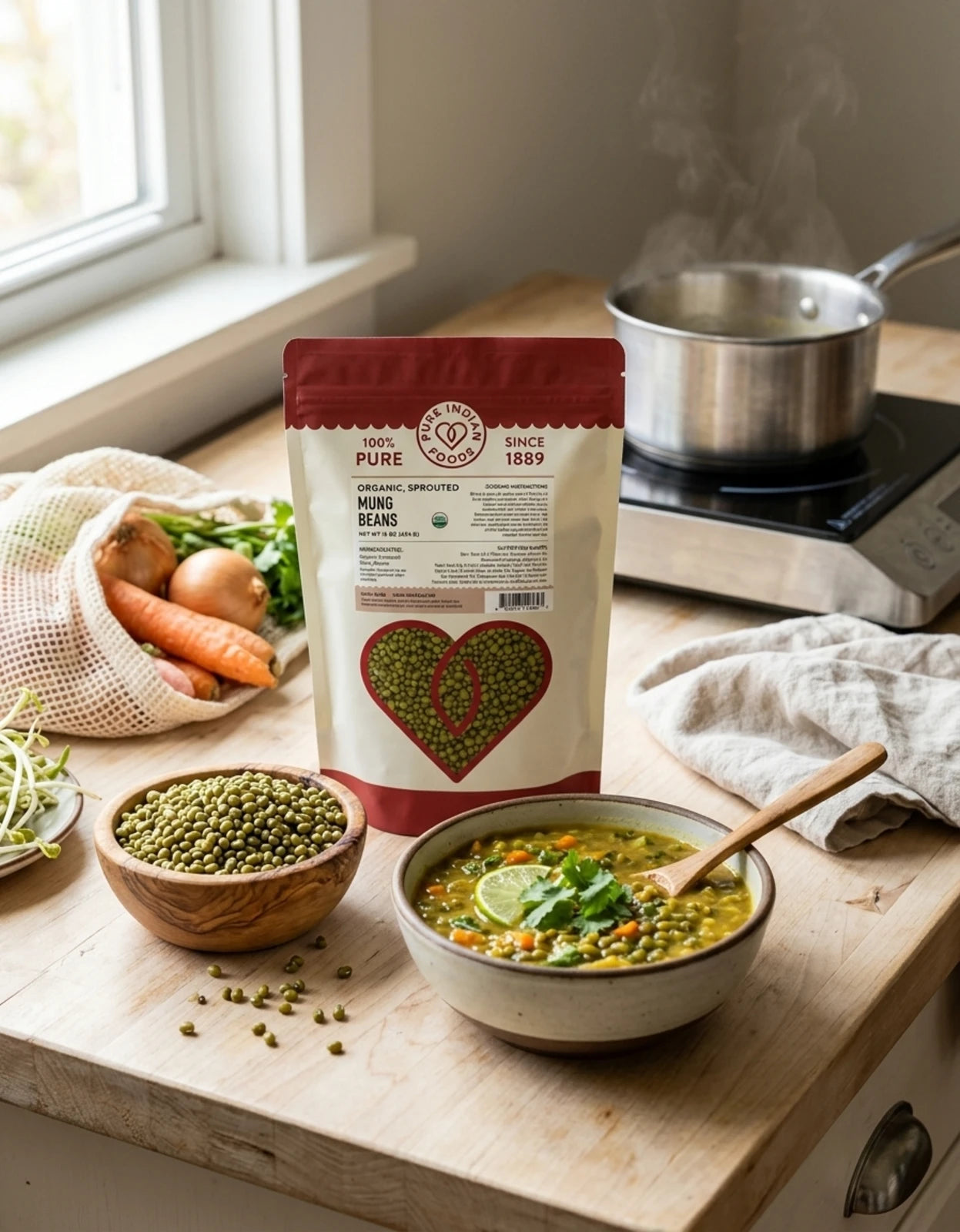 A bag of Organic Sprouted Mung Beans next to a bowl of the raw beans and another bowl of cooked soup made with the beans.