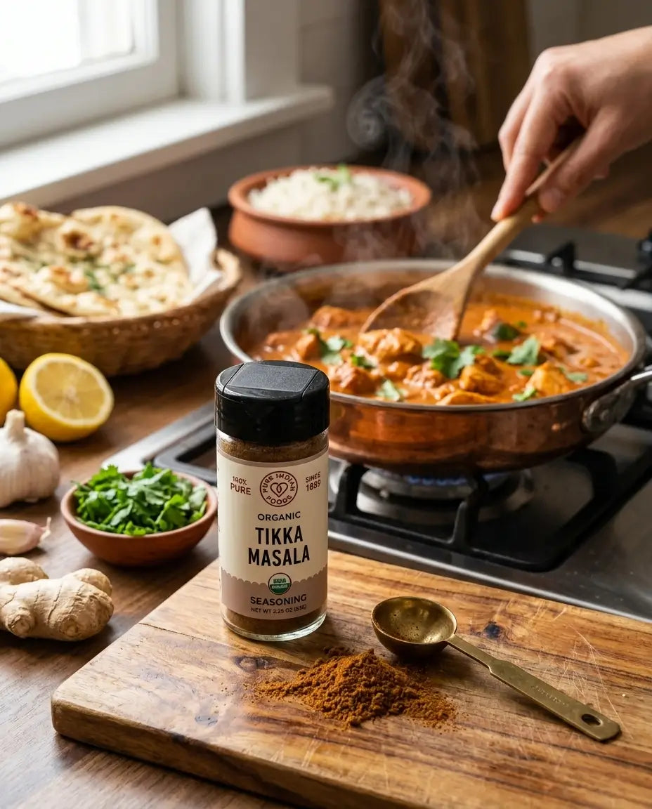 A bottle of Organic Tikka Masala seasoning on a wooden board in front a pan of chicken tikka masala cooking on a stove top.