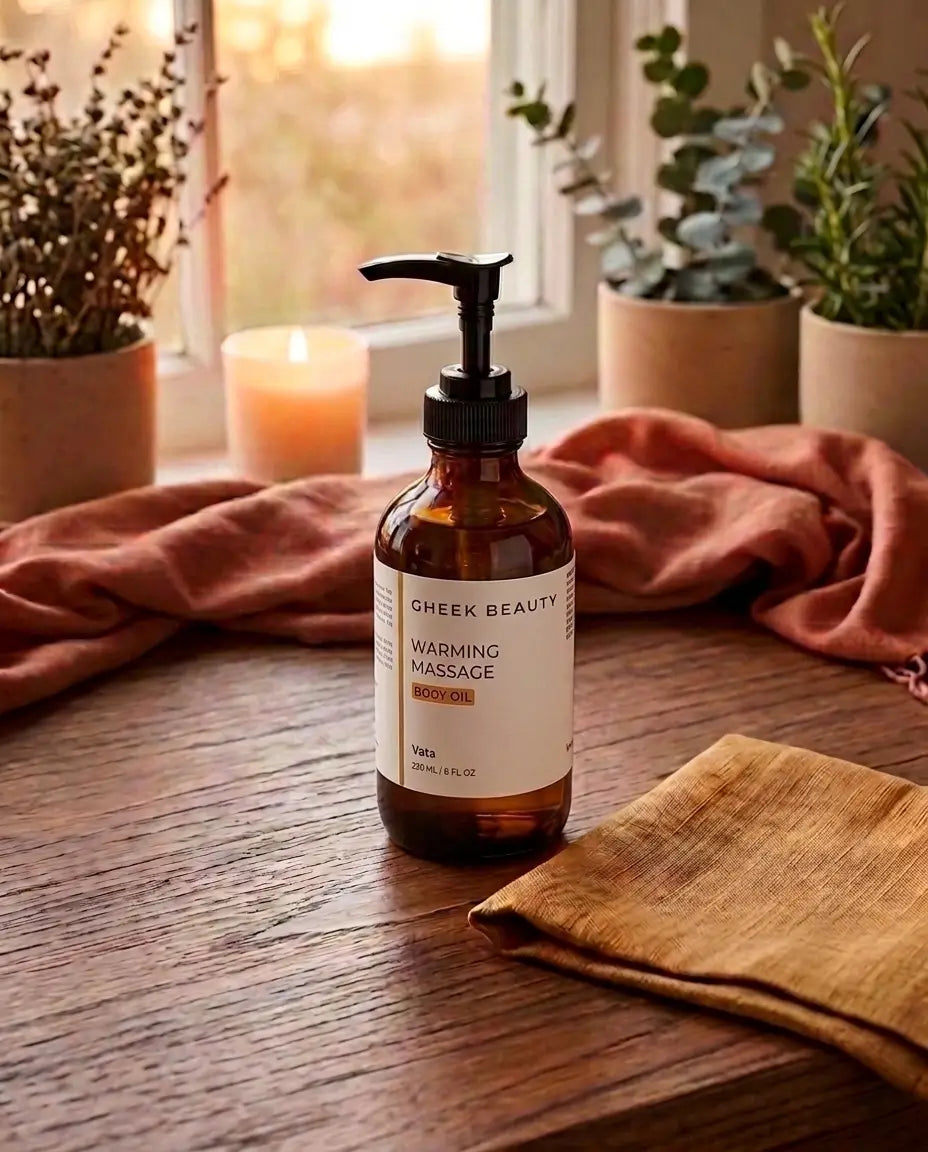 An amber glass pump bottle labeled 'GHEEK BEAUTY WARMING MASSAGE BODY OIL' stands on a wooden table in a warm, styled interior with a candle, plants, and draped fabric in the background.
