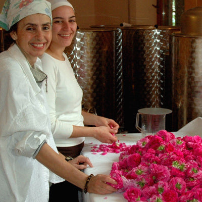 Isabella Davita's team hand pulling the petals from freshly plucked roses in order to make organic Gulkand.