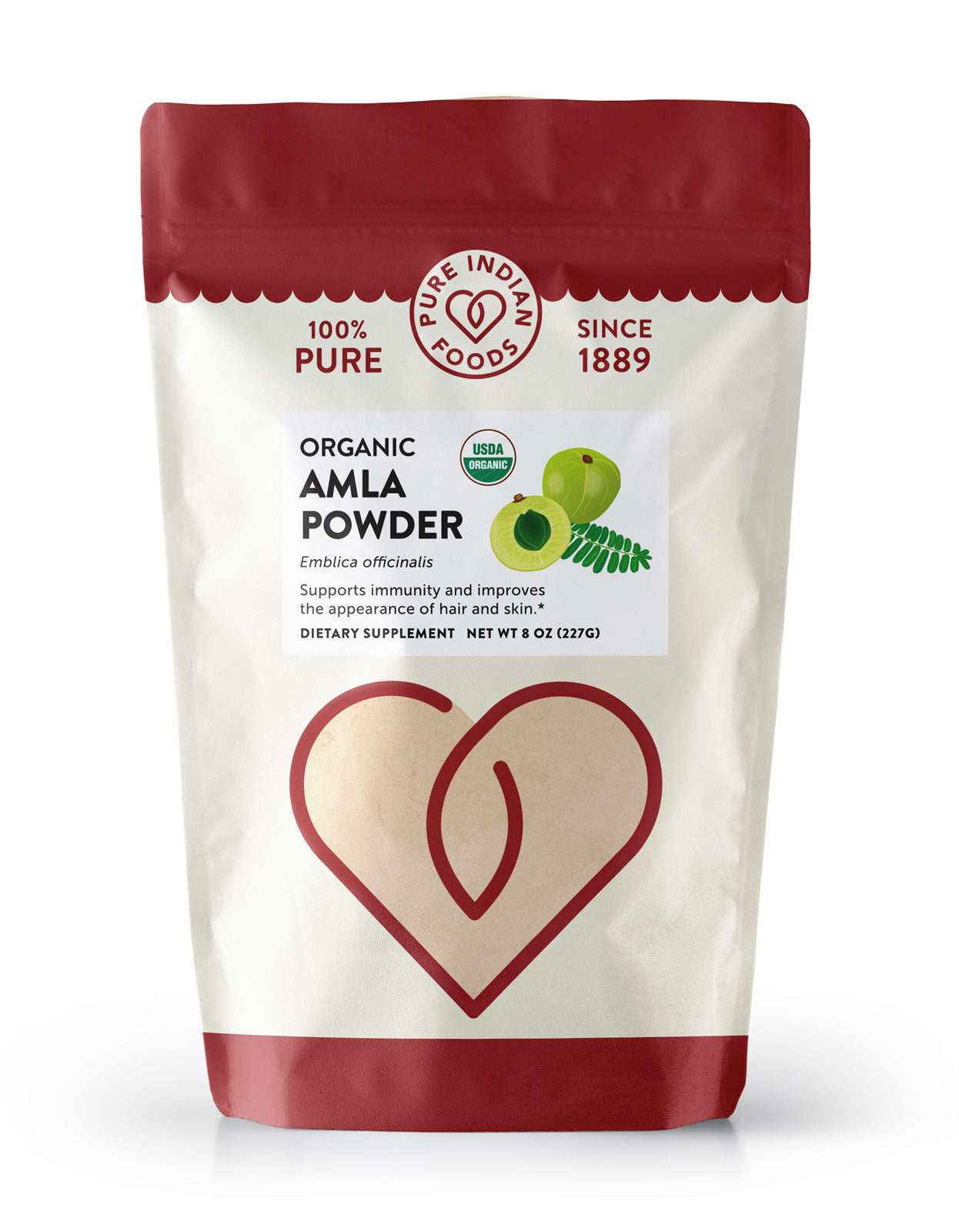 Bag of Pure Indian Foods Organic Amla Powder, a dietary supplement made from Indian Gooseberries (Amalaki). Label says it supports immunity, and is good for Hair and Skin and can be taken internally or applied externally.