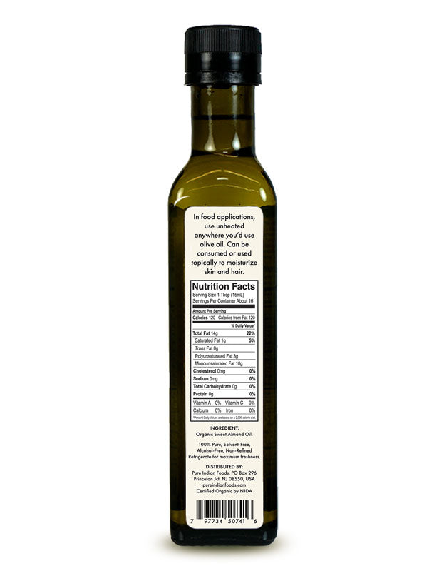 Nutrition Facts label on a bottle of almond oil for cooking from Pure Indian Foods.