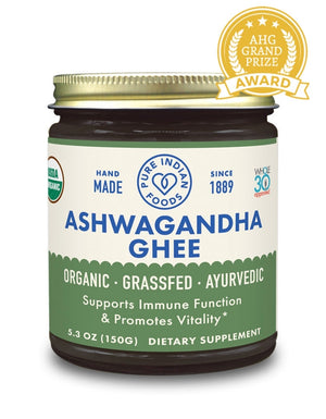 A jar of AHG Grand Prize Award Winning, Grassfed organic ashwagandha ghee, an ayurvedic Ashwagandha supplement made by Pure Indian Foods.