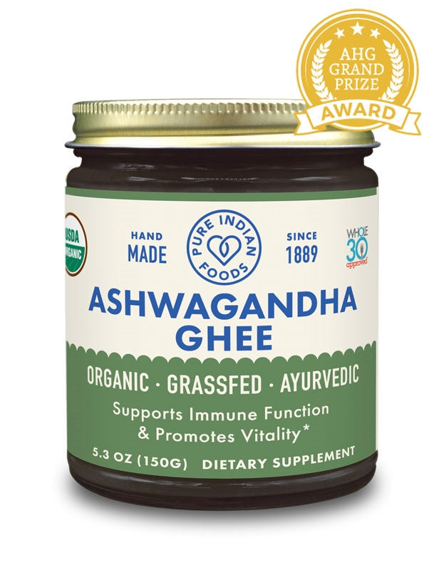 A jar of AHG Grand Prize Award Winning, Grassfed organic ashwagandha ghee, an ayurvedic Ashwagandha supplement made by Pure Indian Foods. 