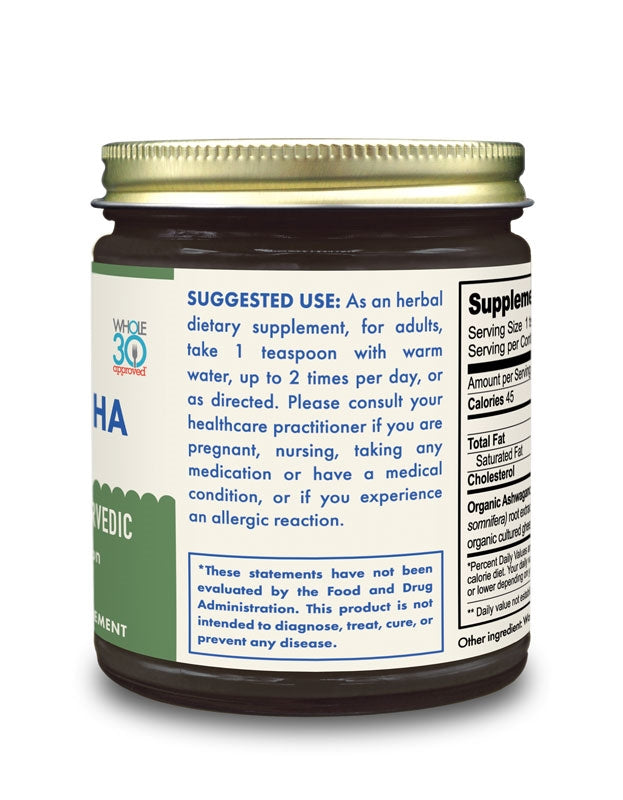 Suggested Use label on a jar of Organic Ashwagandha Ghee, an ayurvedic Ashwagandha supplement made by Pure Indian Foods.