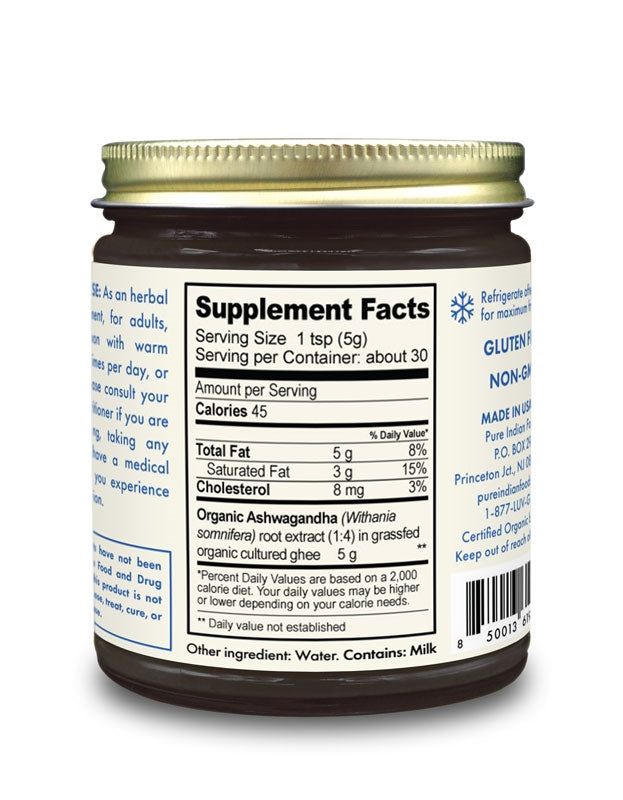 Nutrition Facts Label on a jar of Organic Ashwagandha Ghee made by Pure Indian Foods.