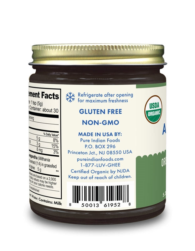 Side label on a jar of Organic Ashwagandha Ghee, an ayurvedic Ashwagandha supplement made by Pure Indian Foods. Gluten-Free. Non-GMO. Made with Grass-fed Ghee. Refrigerate after opening.