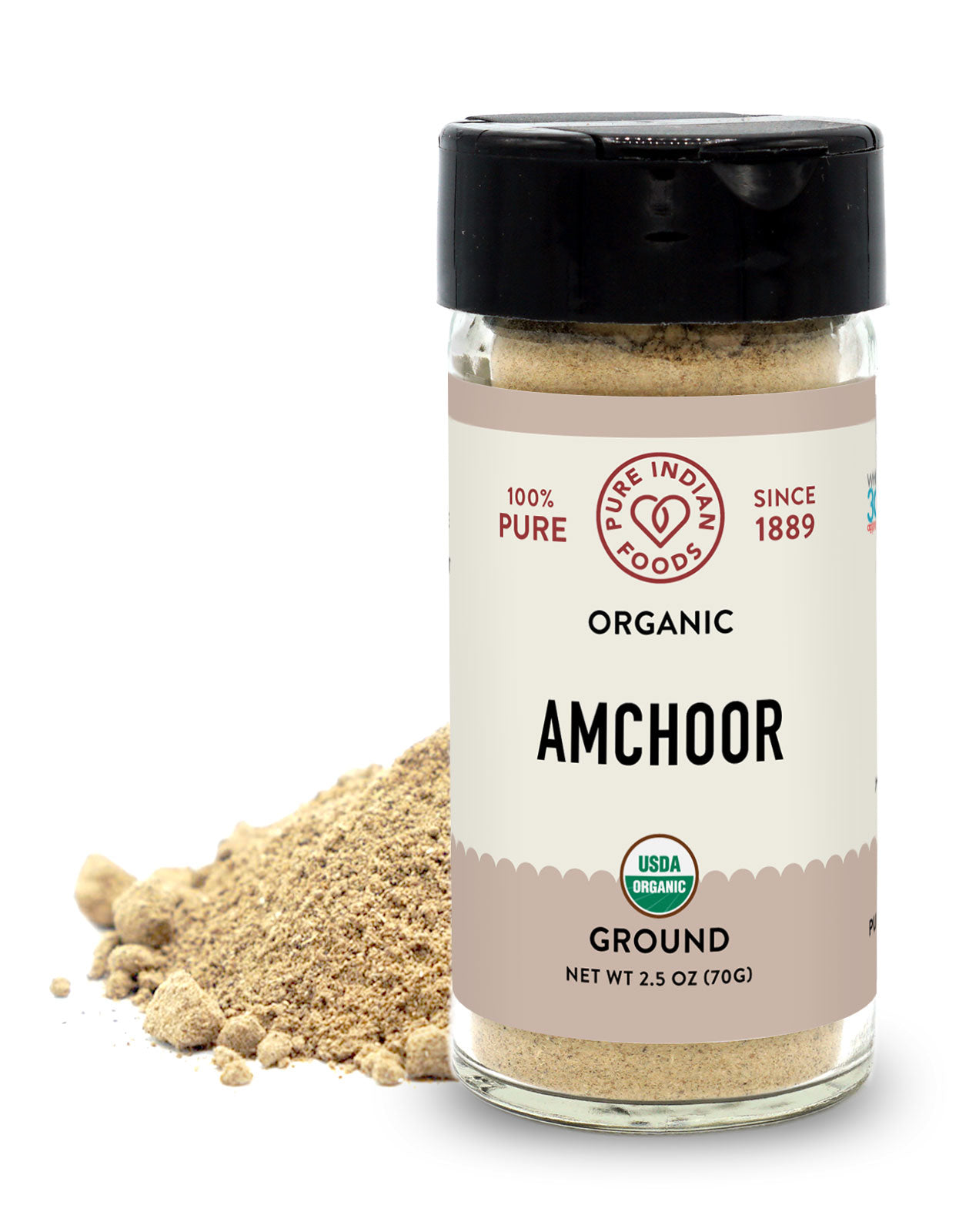 2 oz glass jar of Pure Indian Foods Organic Amchoor Powder. This amchur is made from organic, dried mangoes.