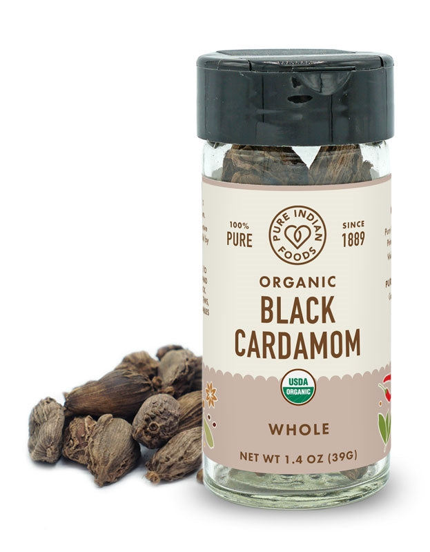 1 glass jar of Pure Indian Foods Organic Black Cardamom pods