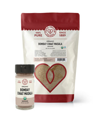An 8 oz bag and 3 oz jar of Organic Bombay Chaat Masala from Pure Indian Foods