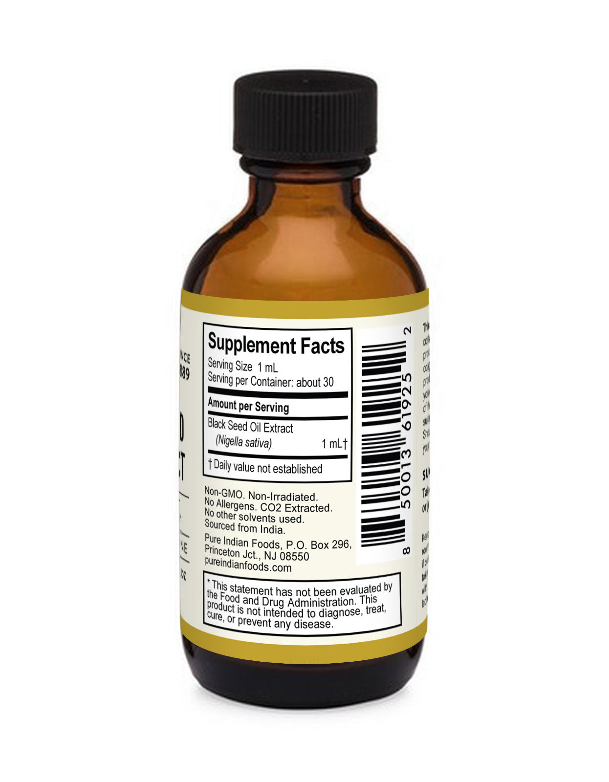 Supplement Facts label on a bottle of Black Seed Oil Extract from Pure Indian Foods