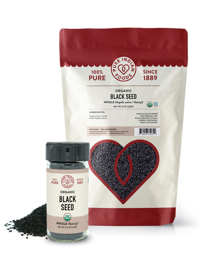 2 packages of Pure Indian Foods Organic Black Seed in two sizes.