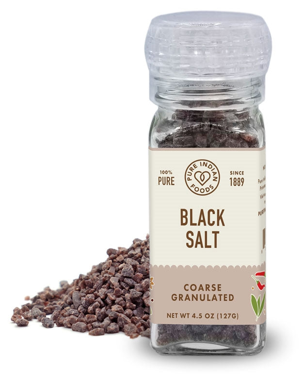 Pure Indian Foods Black Salt in a 4.5 oz Grinder Top Bottle so you can grind the kala namak fresh at home to release its flavors.
