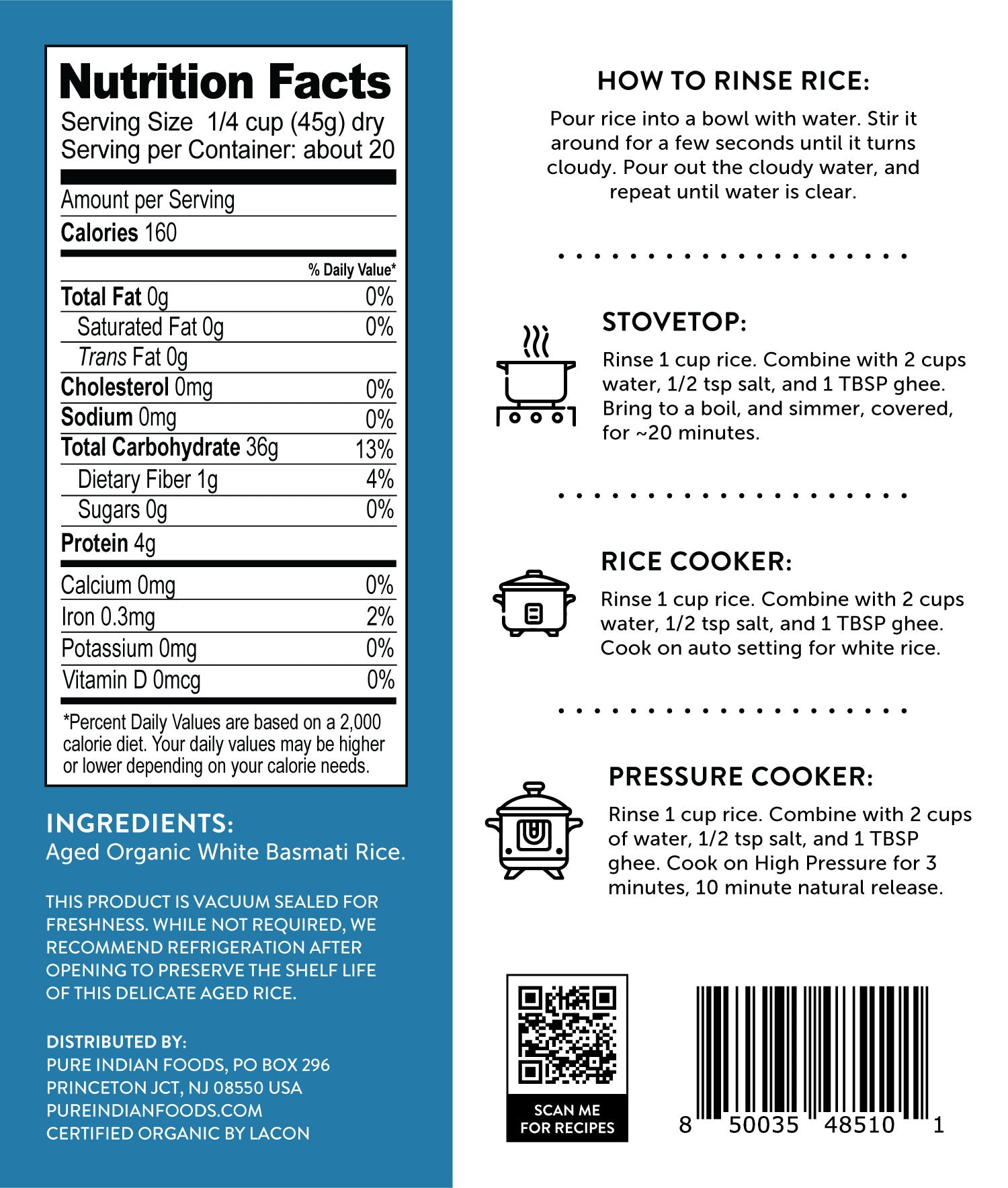 Back label of package of Pure Indian Foods Organic Basmati Rice, showing nutrition facts and cooking instructions.