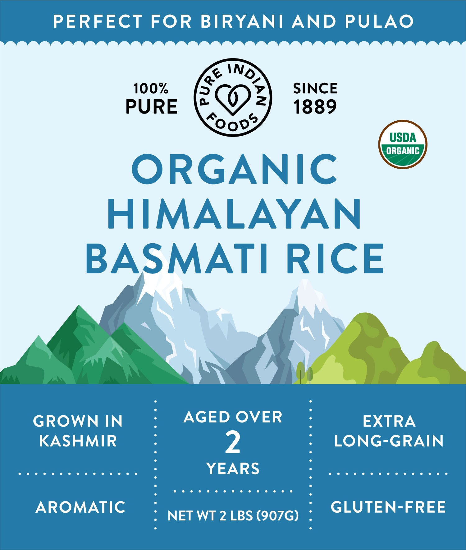 Package of Pure Indian Foods Himalayan Organic Basmati Rice. Extra long-grain. Grown in Kashmir. Aged over 2 years. Aromatic.