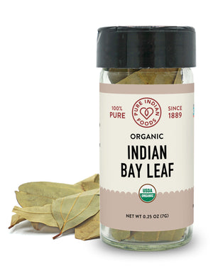 A 0.25 oz jar of Organic Indian Bay Leaf, also known as whole dried cassia leaf, from Pure Indian Foods