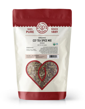 1 bag of organic CCF Tea made with Cumin, Coriander, and Fennel from Pure Indian Foods.