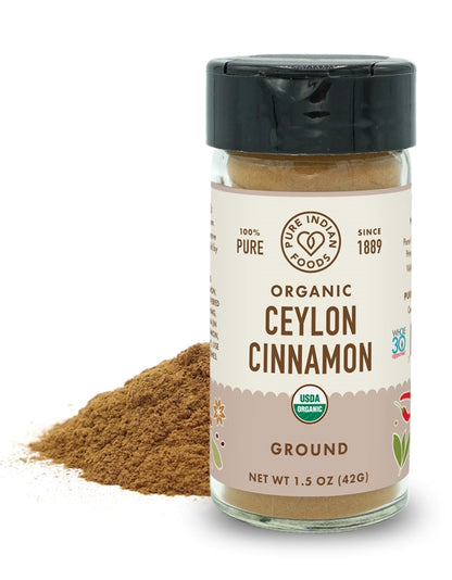 A jar of Pure Indian Foods Organic Ceylon Cinnamon powder, freshly ground.