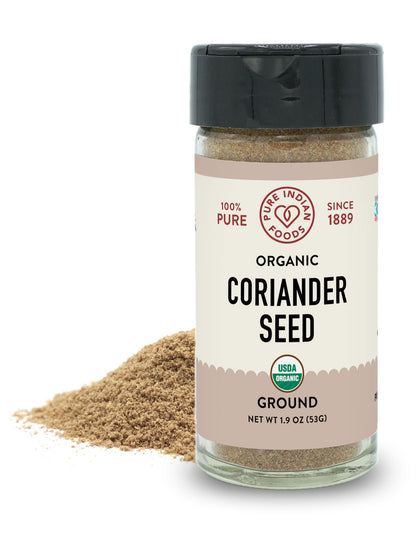 1.9 oz jar of organic ground coriander seasoning from Pure Indian Foods