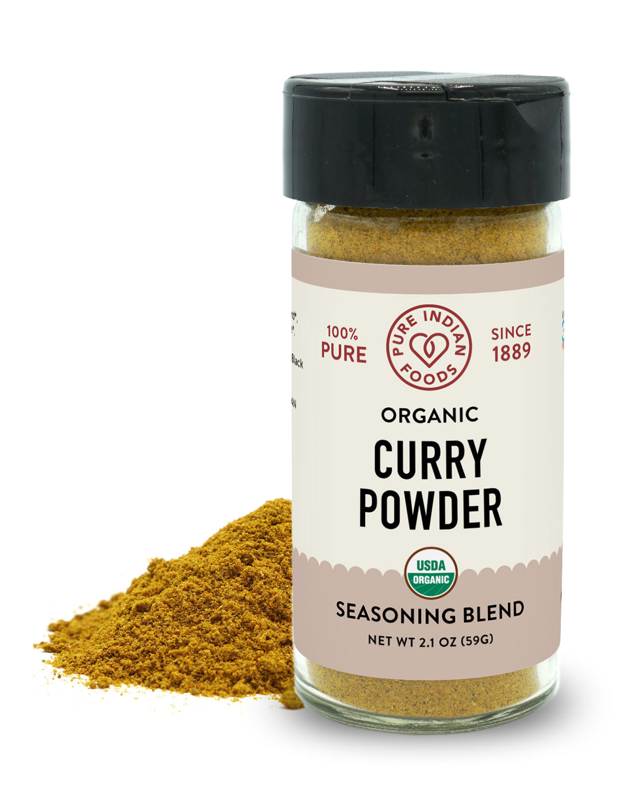 2.1 oz jar of Pure Indian Foods Organic Curry Powder seasoning blend.