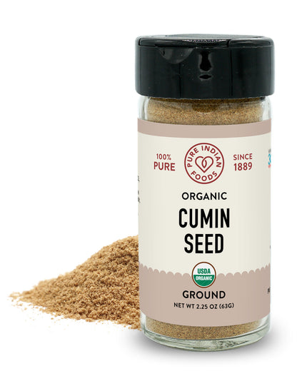 Jeera Seeds powder from Pure Indian Foods, also known as ground organic white cumin seed.