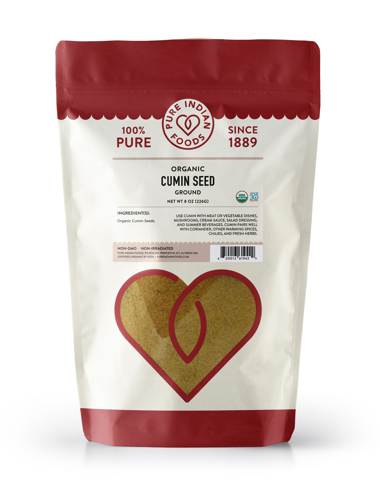 Large package of jeera powder from Pure Indian Foods, also known as organic cumin powder.