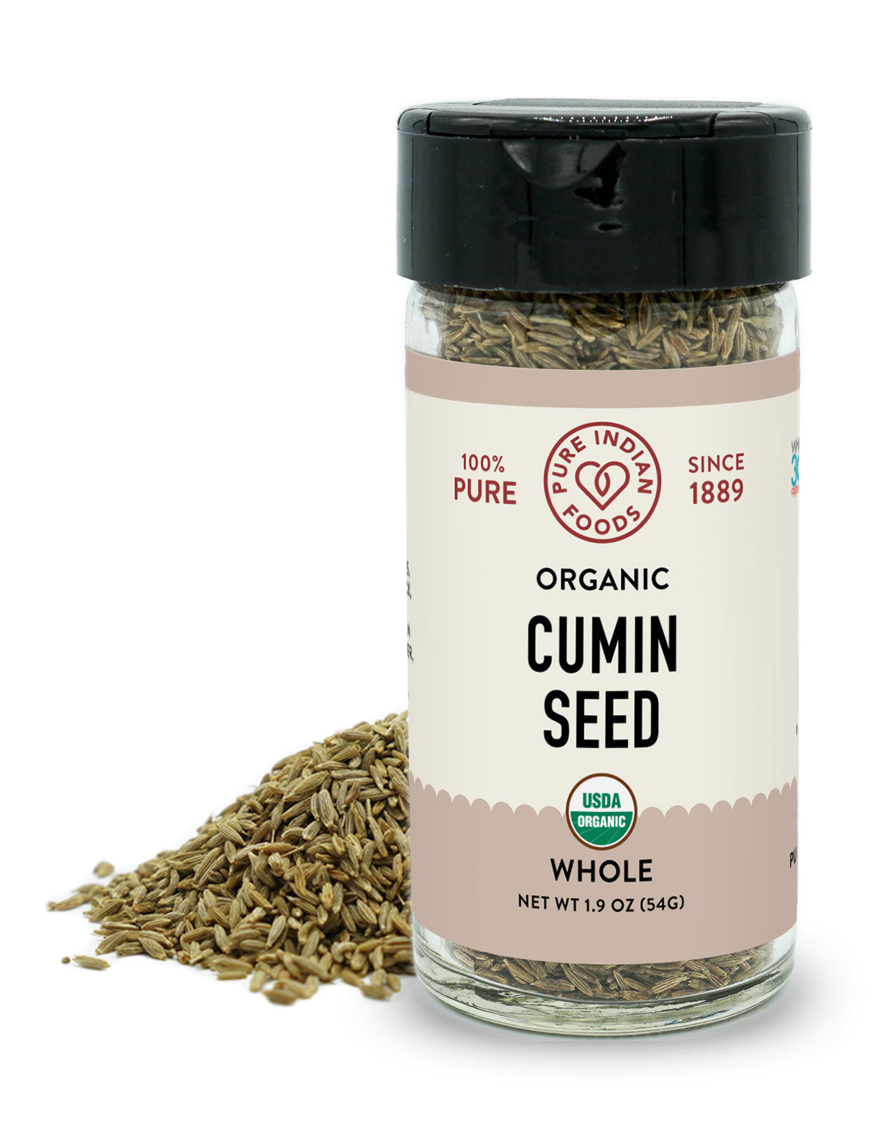 Whole jeera seeds from Pure Indian Food, also known as organic white cumin seed.