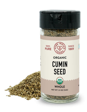 Whole jeera seeds from Pure Indian Food, also known as organic white cumin seed.