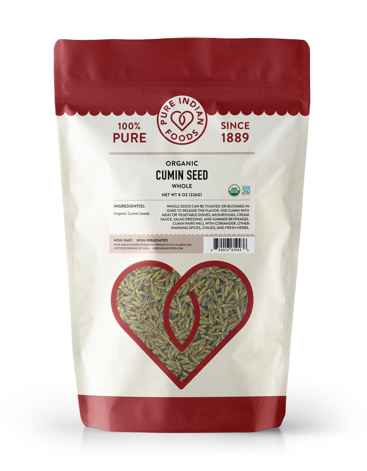Large package of organic, whole jeera seeds from Pure Indian Foods, also known as white cumin seeds.