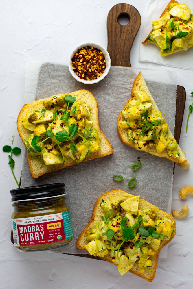 Photo of curried egg salad on toast, made with a couple of spoonfuls of our Indian simmer sauce.