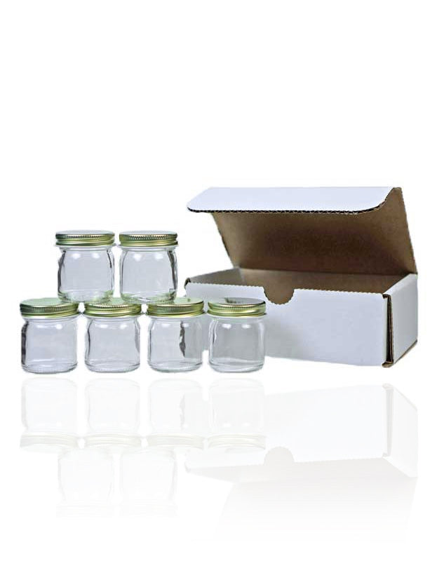 Set of 6 Empty Jars (1 oz each) with metal lids (color may vary), in a Cardboard Box
