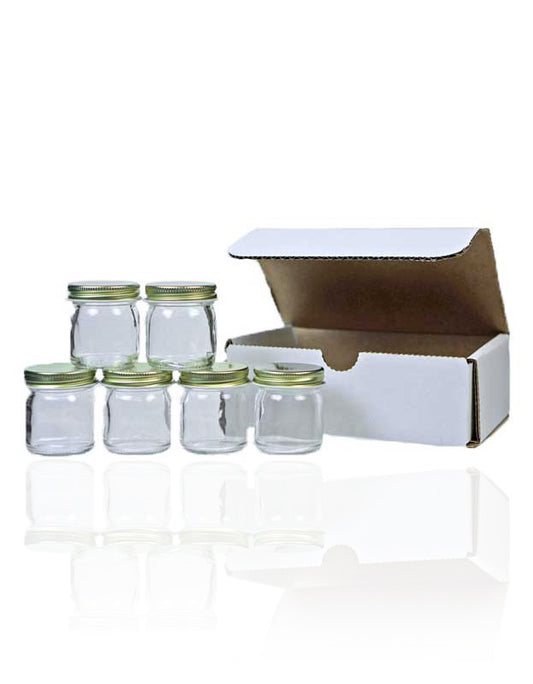 Set of 6 Empty Jars (1 oz each) with metal lids, in a Cardboard Box