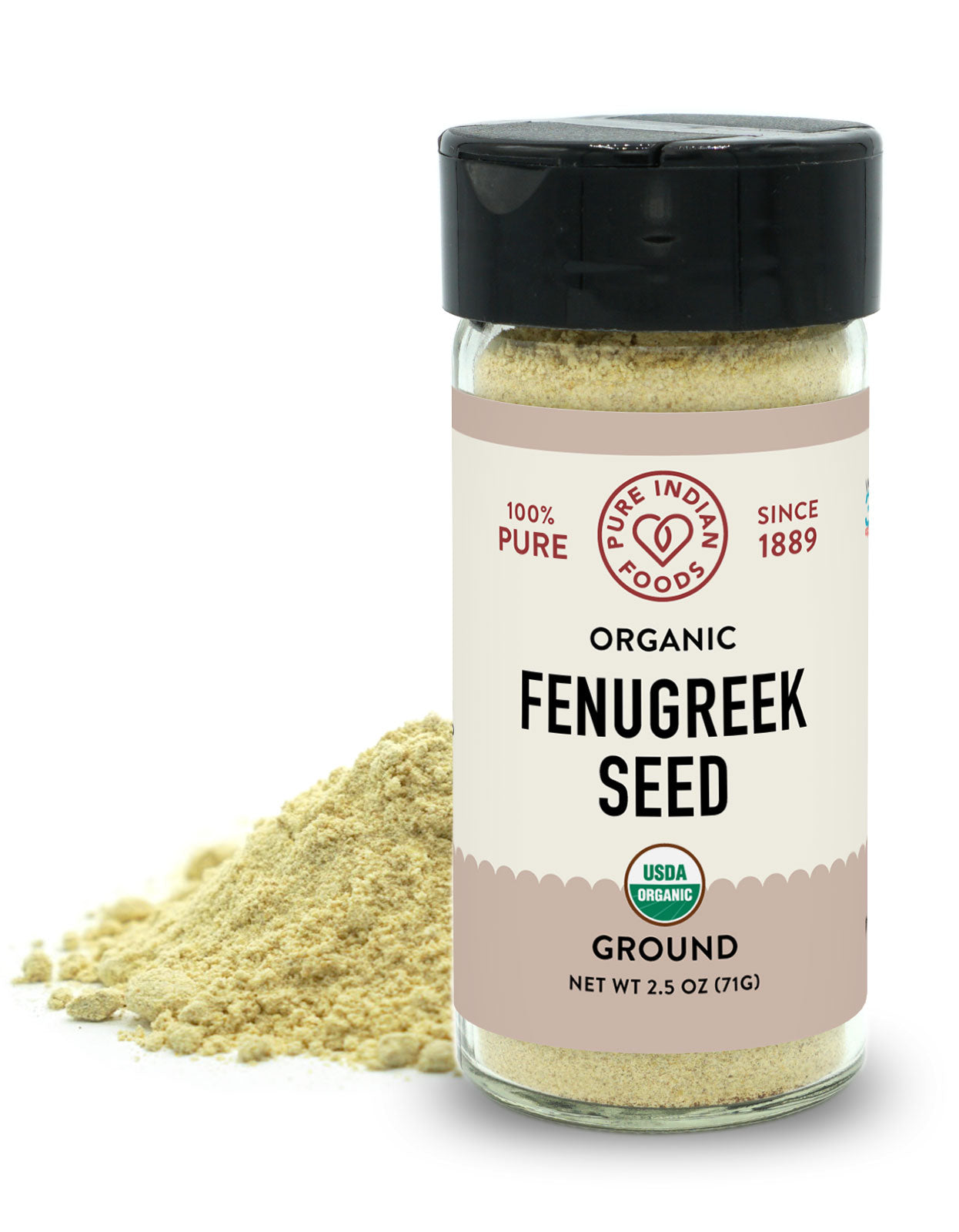 Organic Fenugreek powder from Pure Indian Foods, in a glass, 2.5 oz jar