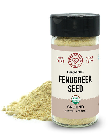 Organic Fenugreek powder from Pure Indian Foods, in a glass, 2.5 oz jar