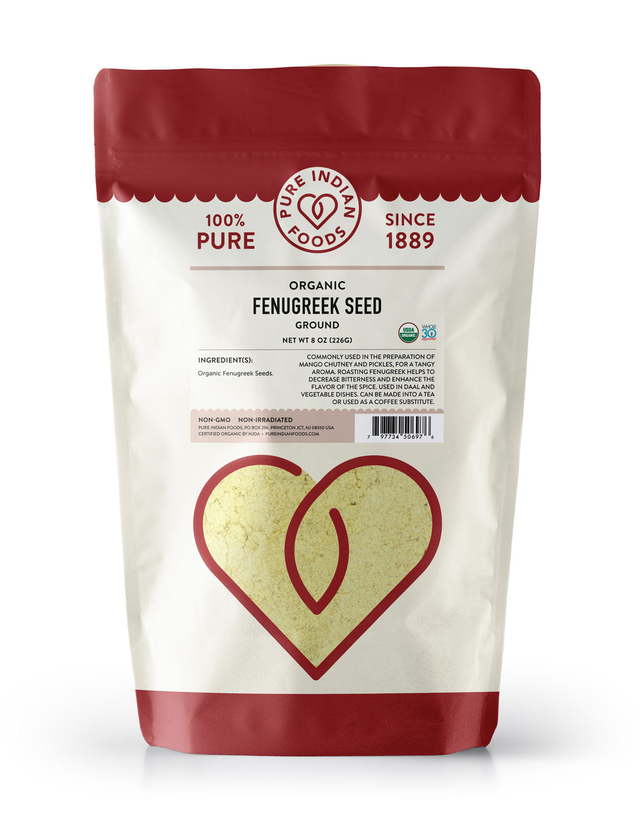 Organic fenugreek powder from Pure Indian Foods, in an 8 oz bag.