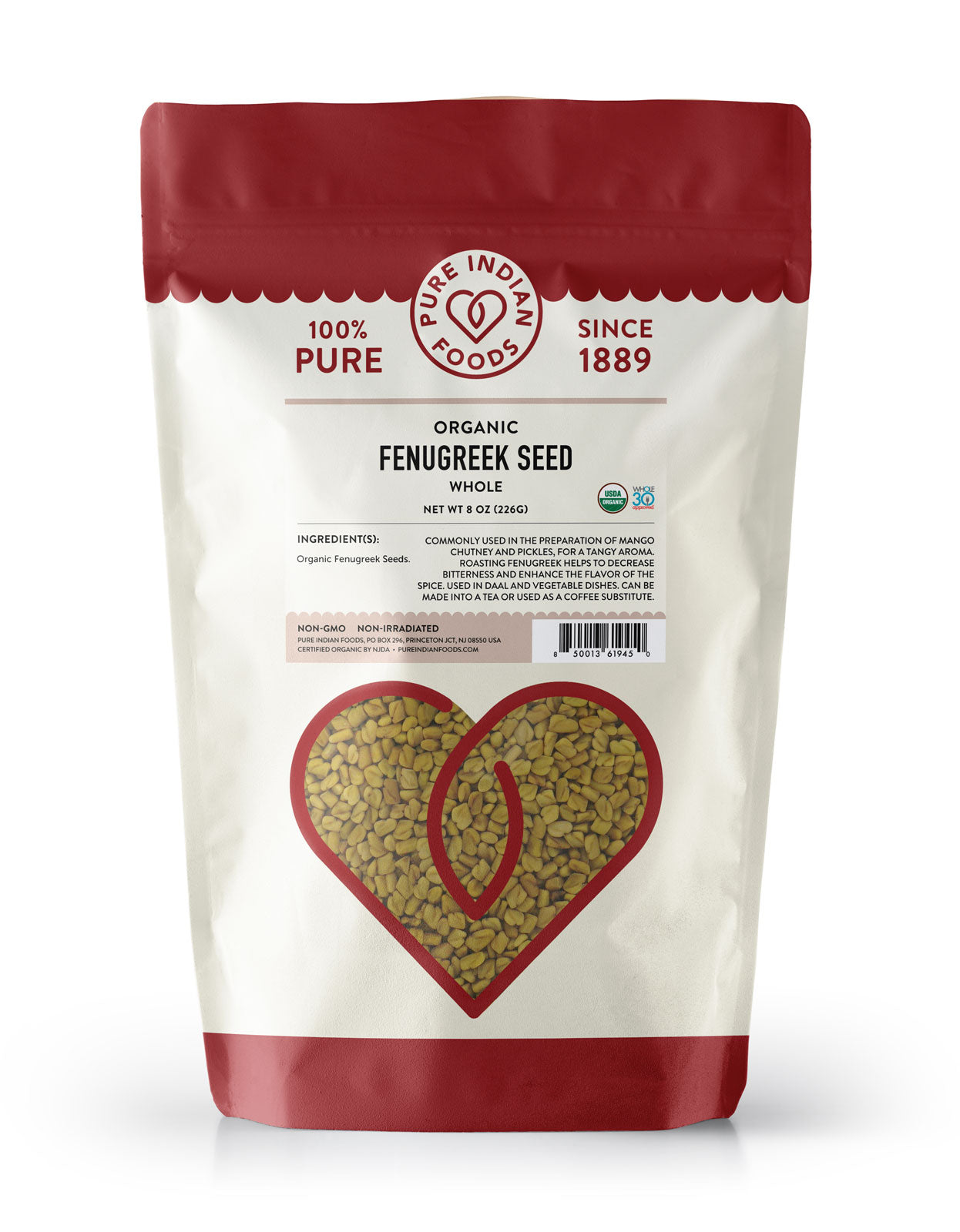 1 8oz bag of Organic Fenugreek Seed, whole, from Pure Indian Foods.
