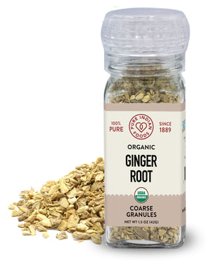Ginger Root Coarse Granules, Certified Organic - 1.5 oz, in Grinder Top Bottle