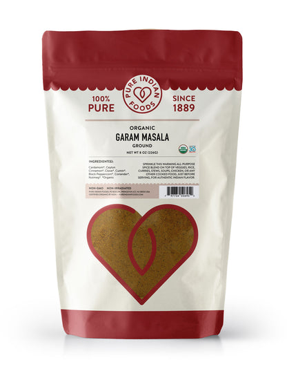 8 oz bag of Pure Indian Foods Organic Garam Masala Powder.