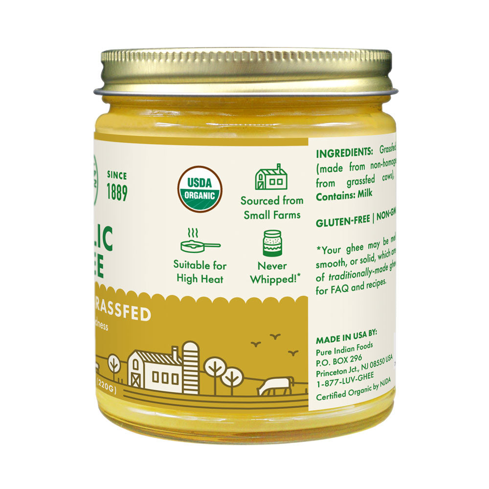 Side label from our garlic infused ghee. Says it's sourced from small family farms, organic, suitable for high heat, and never whipped!