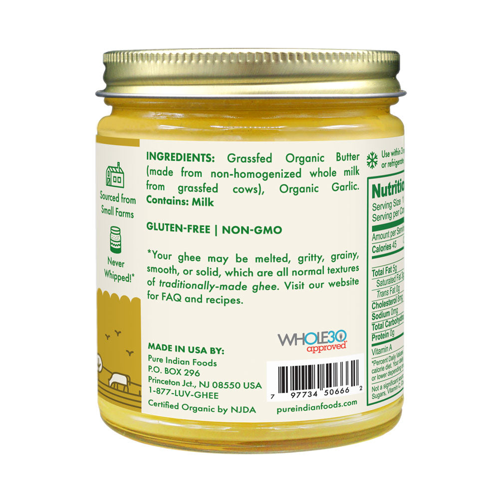 Ingredients label on a jar of our Pure Indian Foods Grassfed Organic Garlic Ghee