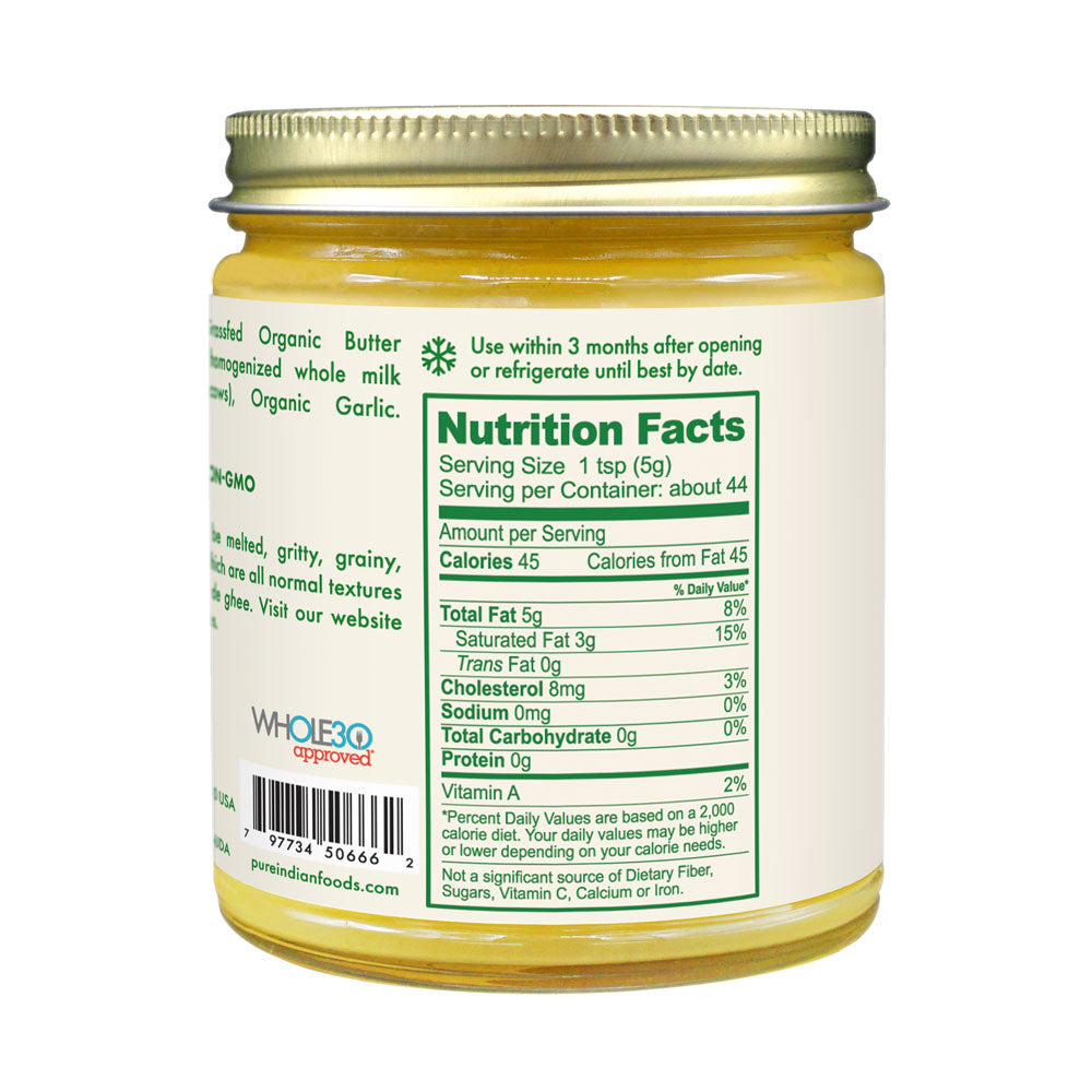 Nutrition Facts label on a jar of Pure Indian Foods Organic Grassfed Garlic Ghee