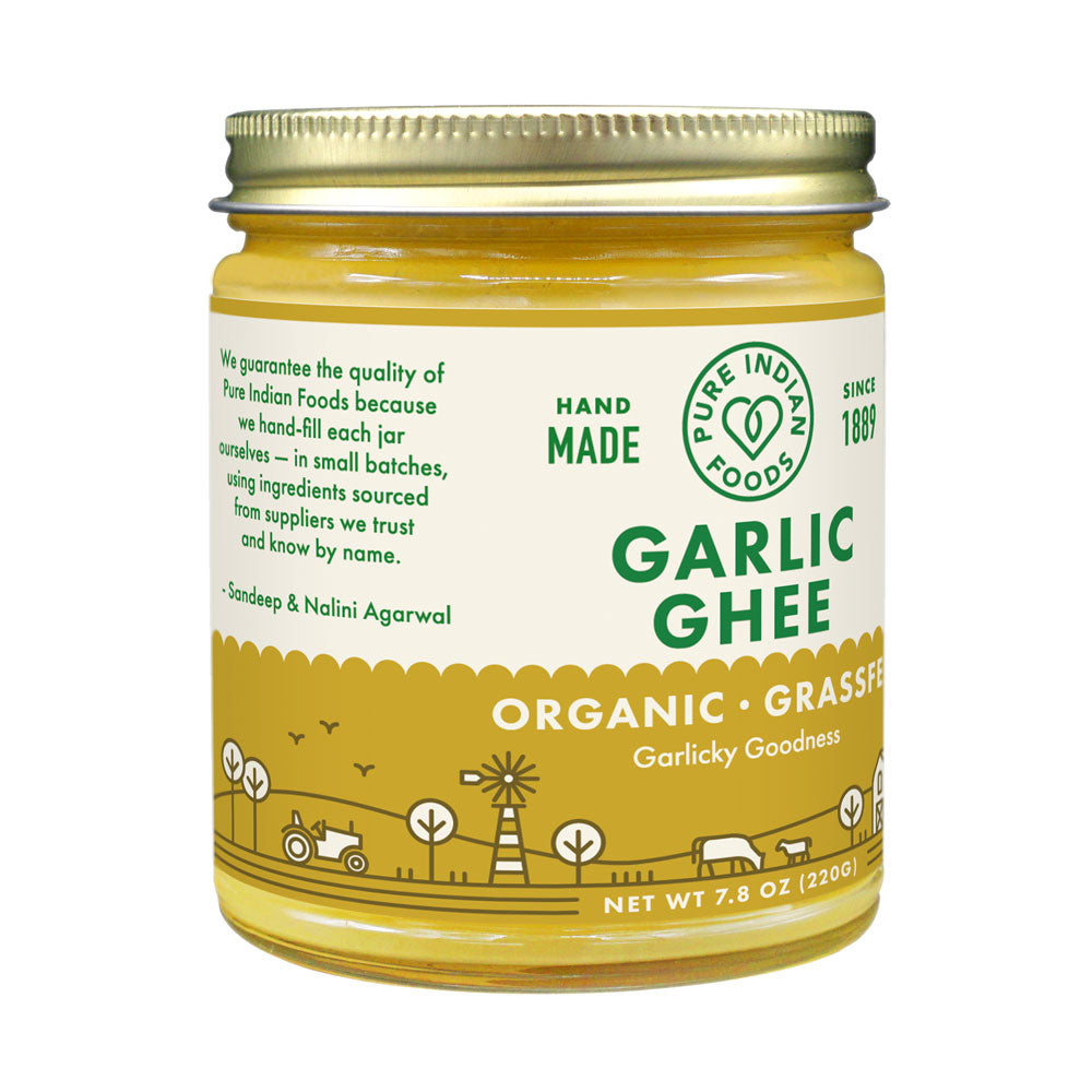 Side label on a jar of Pure Indian Foods garlic infused ghee reads: We guarantee the quality of Pure Indian Foods because we hand-fill each jar ourselves -- in small batches, using ingredients sourced from suppliers we trust and know by name. 